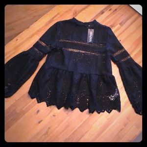 Black lace bell sleeve blouse